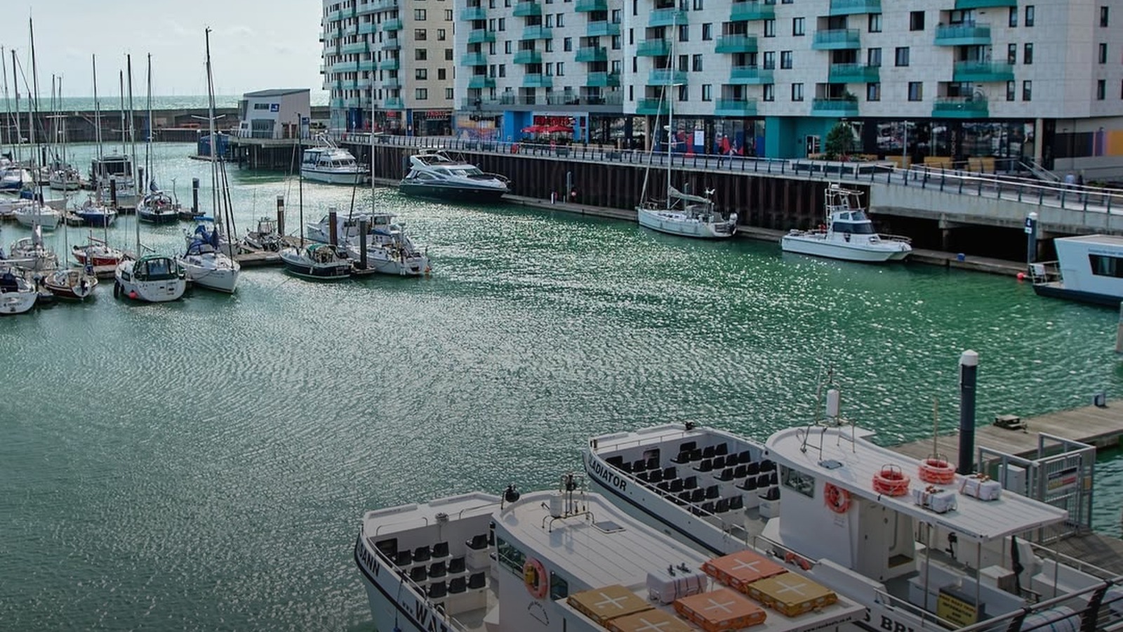 Brighton Marina — moored yachts along the waterfront boardwalk