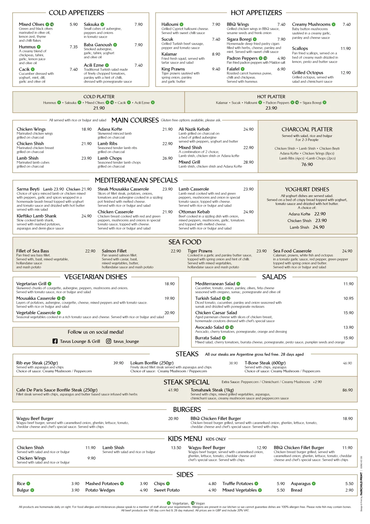 Current Tavus A La Carte menu with item descriptions and prices