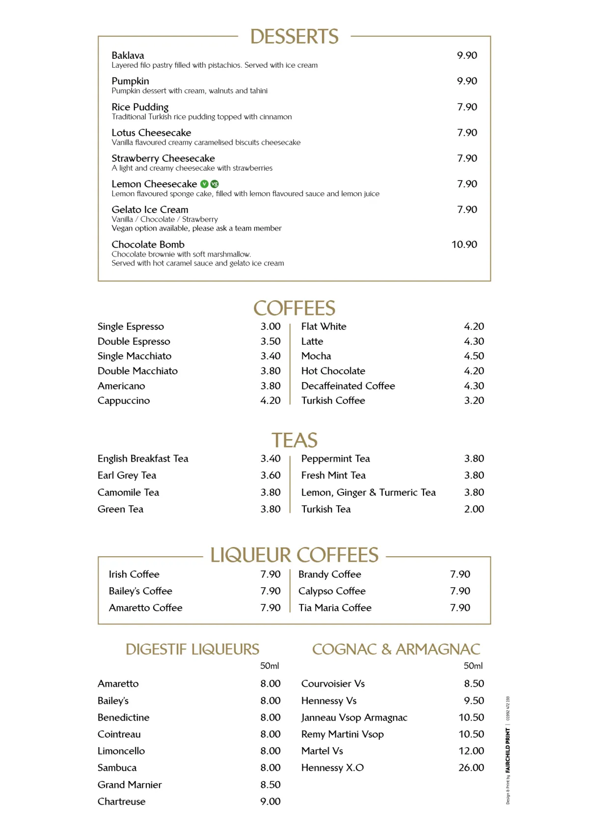 Current Tavus dessert, coffee and tea menu with prices