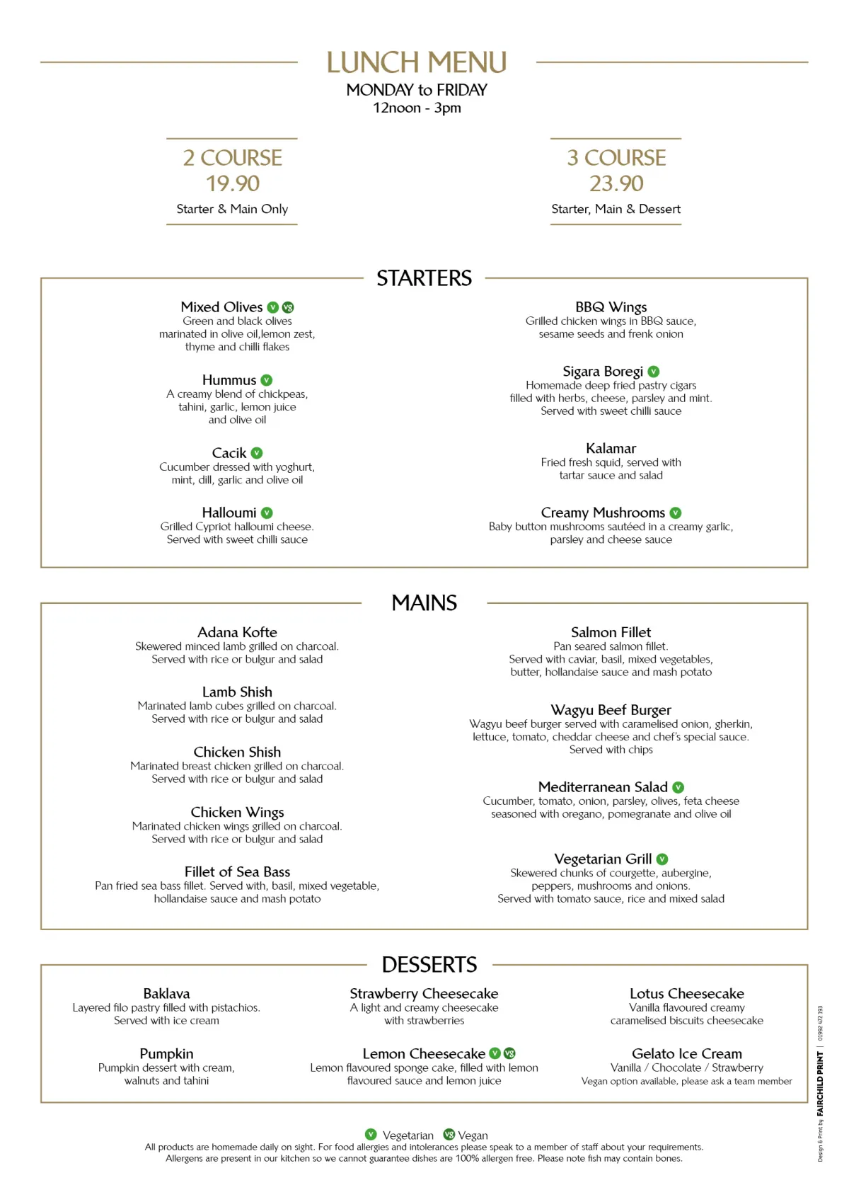 Current Tavus lunch menu with course prices